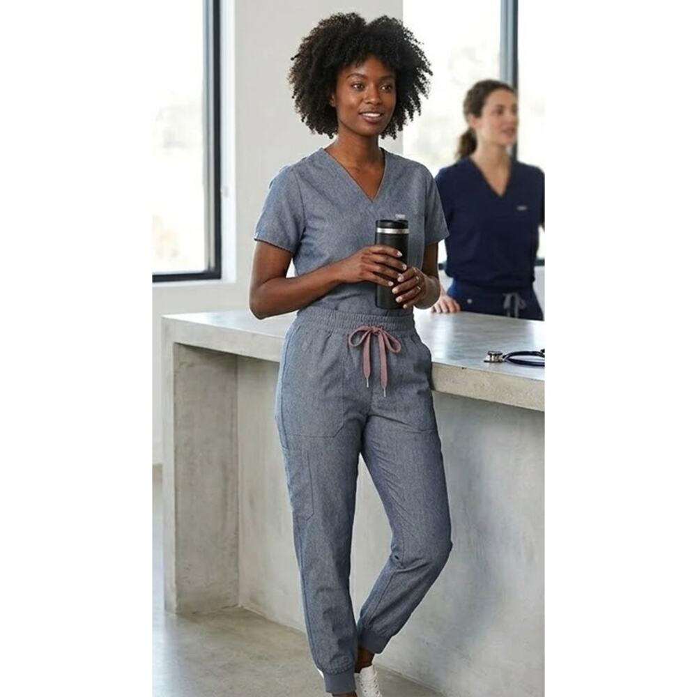 FIGS Heather Denim Zamora Jogger Scrub Pants 4XLP Petite Dusty Rose Drawstring